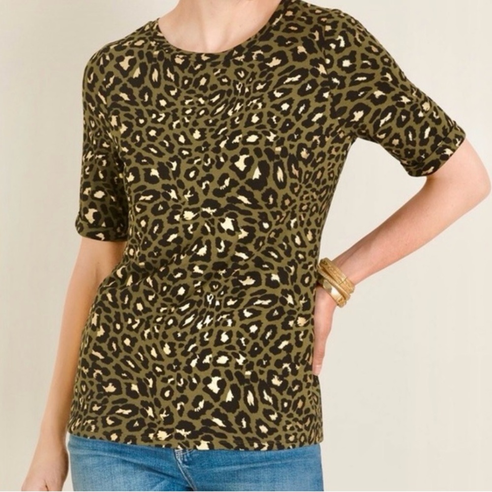 Chico's Sz 2 Metallic Gold Leopard Print Short Sleeve T Shirt Tee Top Blouse L